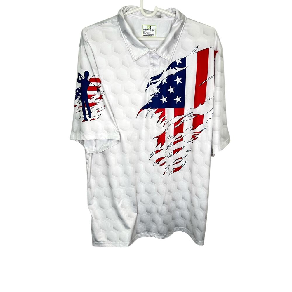 OBNOXIOUS GOLF Patriotic Flag Polo Golf Short Sleeve Shirt  Polyester Size 2XL